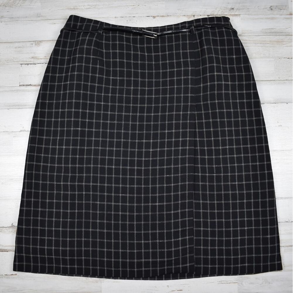 Vintage Linen Blend A-line Skirt Size 12/31 Black Plaid Preppy Academia Business